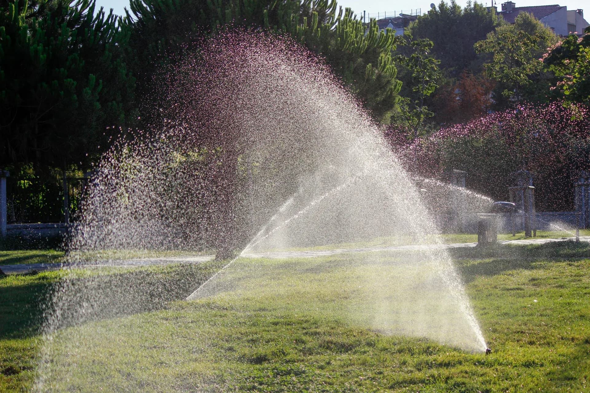 Sprinkler system watering a residential lawn in spring