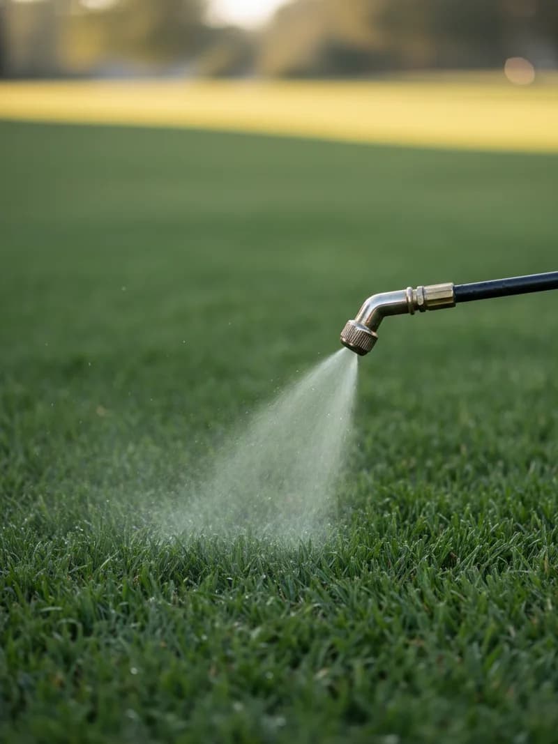 Professional liquid lawn treatment being sprayed on thick green bermuda grass