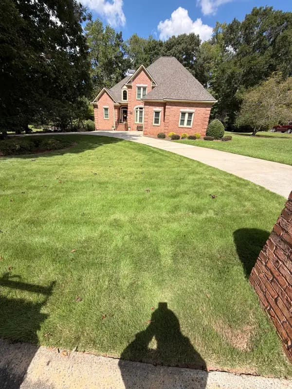 Green front lawn leading up to a brick two-story home with mature trees in the background