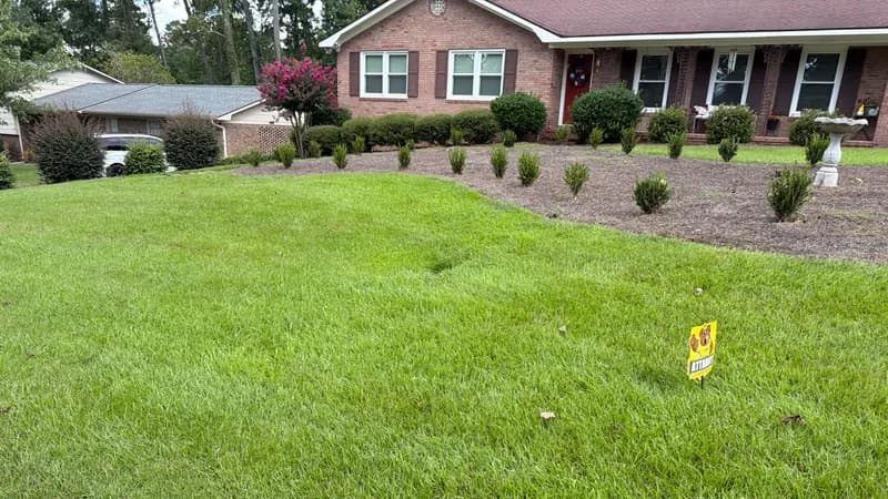 Green front lawn with mulched planting bed, shrubs, and a brick house in the background