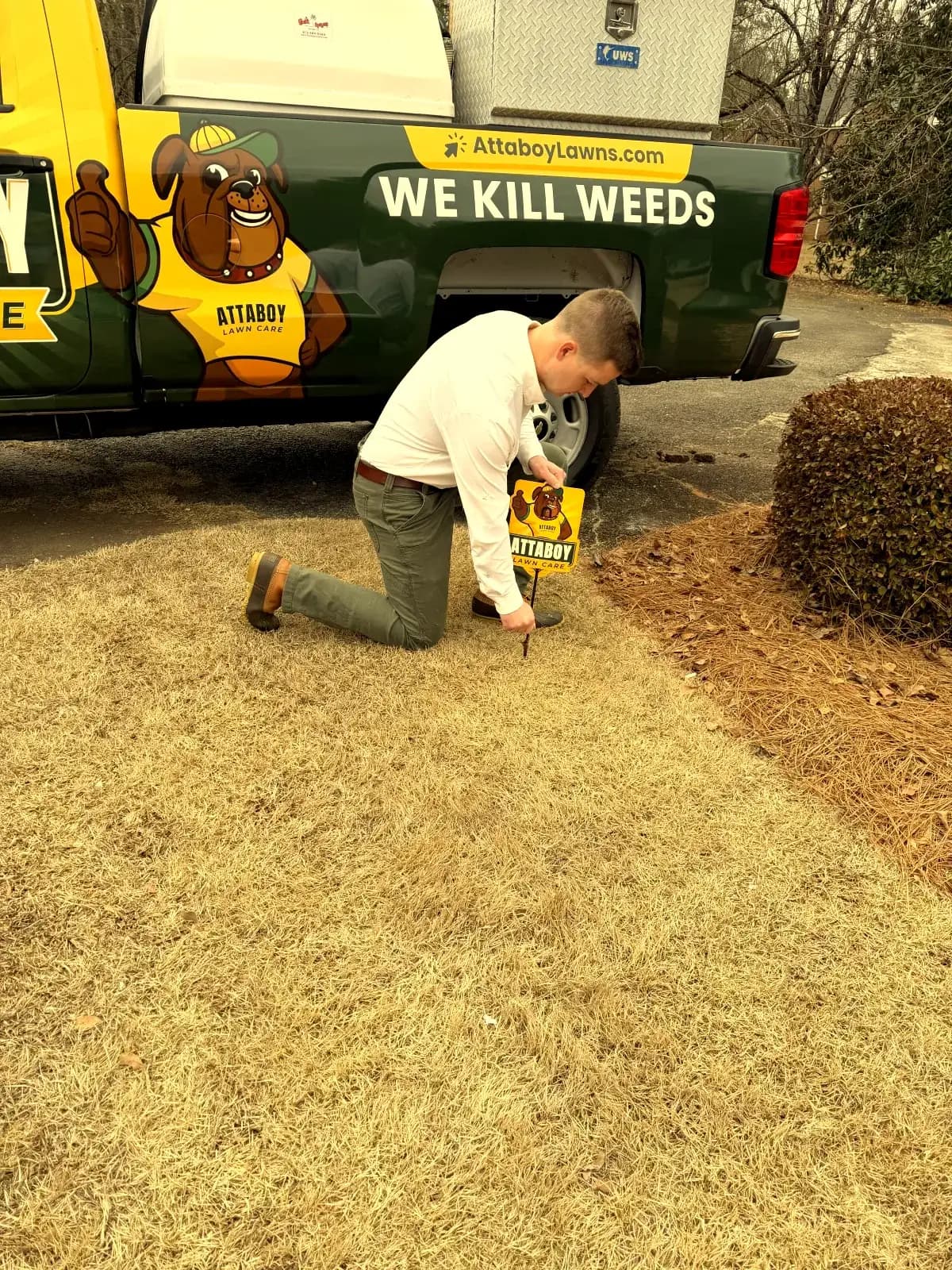 Attaboy yard sign placed after lawn treatment in Byron GA