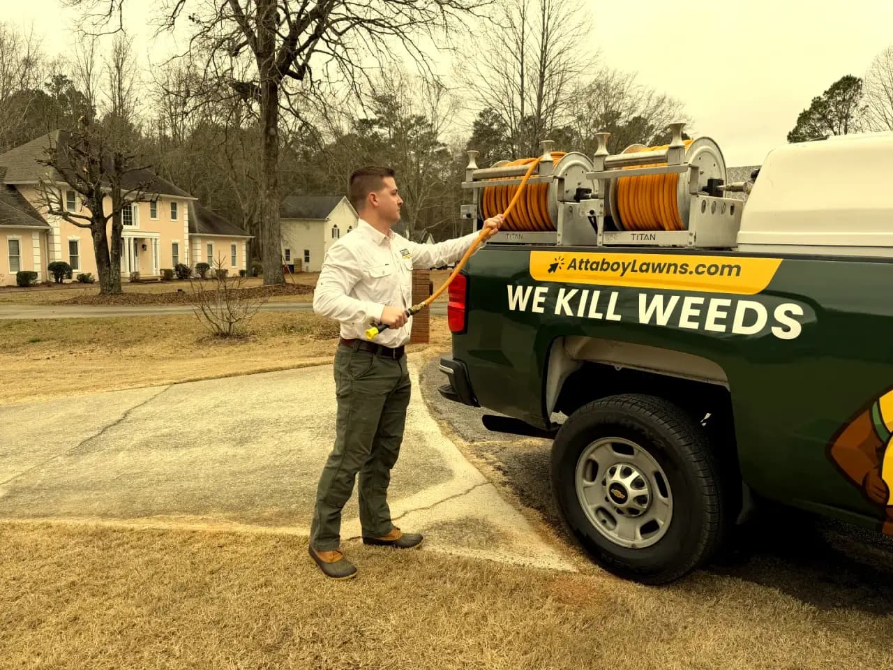 Professional-grade lawn care equipment on an Attaboy truck