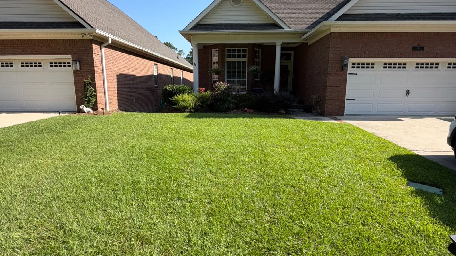 Thick green lawn in front of an Attaboy Lawn Care customer's home in Middle Georgia